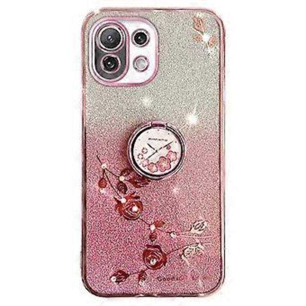 KADEM Skal med Stöd för Xiaomi Mi 11 Lite 4G/5G/11 Lite 5G NE, Rhinestone Blomma TPU-skydd (Roséguld)