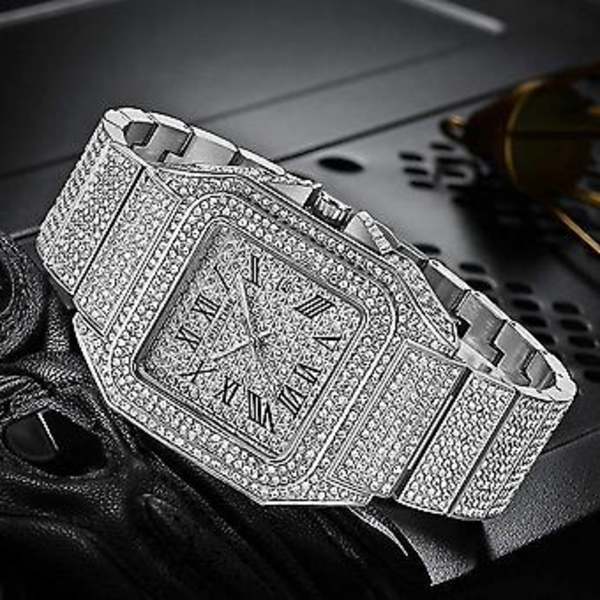 Mode Hip Hop Herrar Kristall Klocka Bling Bling Klocka Rektangulärt Foder Rostfritt Stål Kvarts Analog Armband Armbandsur
