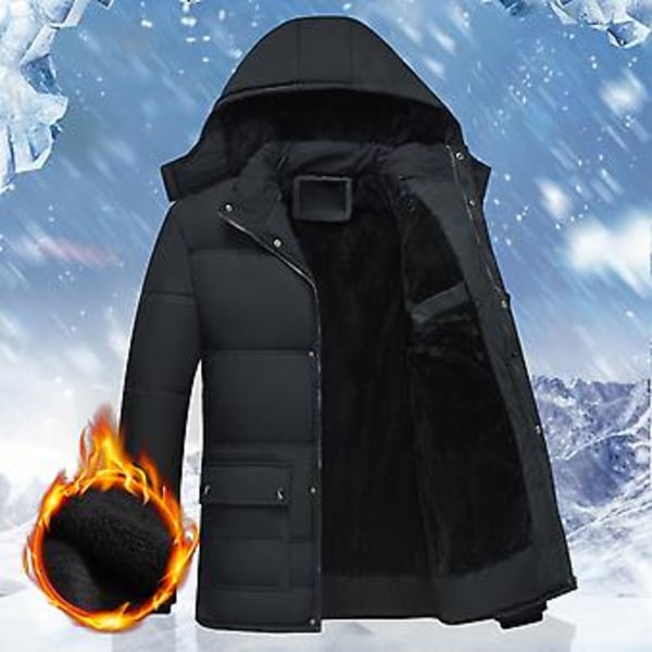Mænds Fleeceforet Jakke med Stående Krave, Lange Ærmer, Lommer, Knapper, Lynlås, Vinter, Tyk, Bomuldsvattet, Midtlængde, Hætte (2XL)