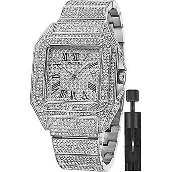 Mode Hip Hop Herrar Kristall Klocka Bling Bling Klocka Rektangulärt Foder Rostfritt Stål Kvarts Analog Armband Armbandsur