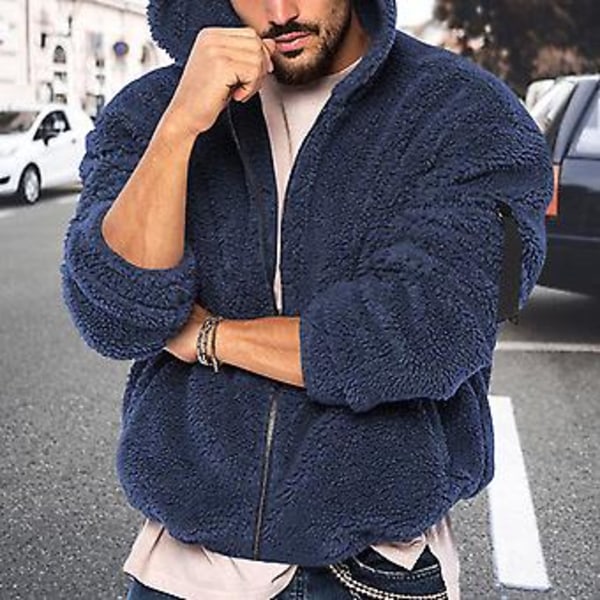 Miesten syksy-talvi takki Paksu kaksinkertainen fleece Yksivärinen Huppu Löysä vetoketjullinen Pehmeä pitkähihainen Taskut Kylmänkestävä takki (M Tummansininen)