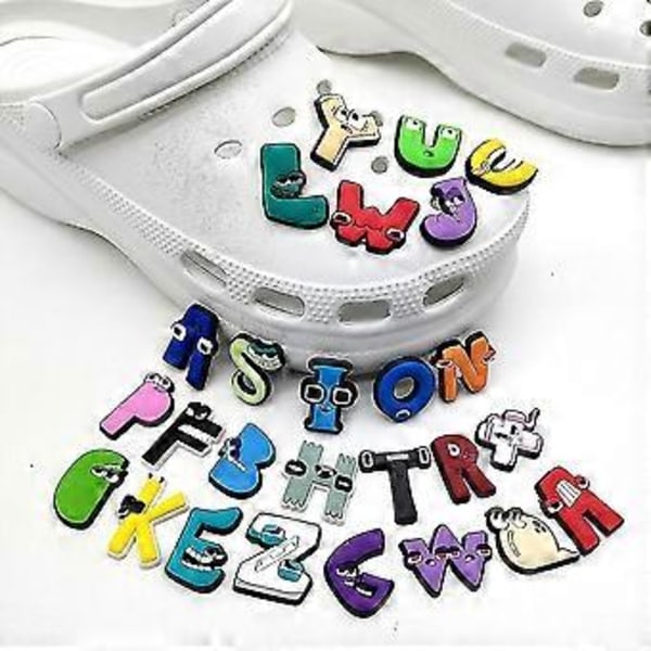 26 stk. Alphabet Lore Croc Charms Skodekorasjon for Tresko Sandaler, Skotilbehør for Barn Gutter Jenter Festgaver