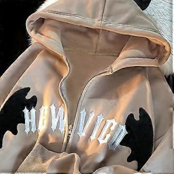 Retro sweatshirt dame cardigan lynlås jakke top bogstavsyning hætte dobbelte hjørner(M )