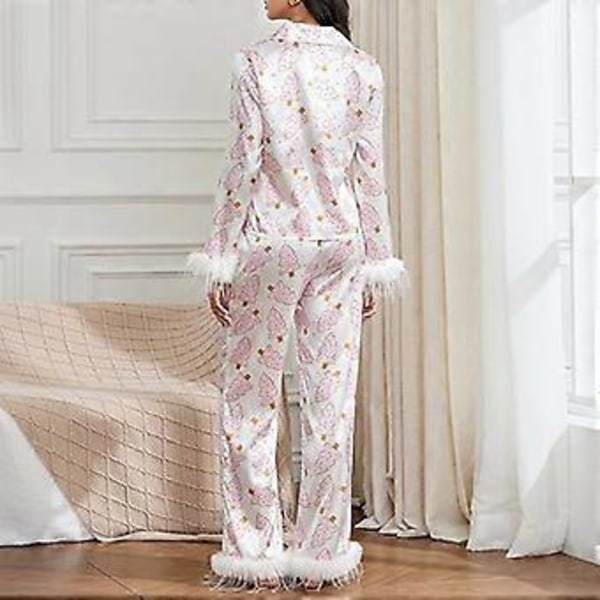 Dam Pyjamas Set med Fjäderkant Långärmad Knappuppslagen Topp Byxor 2-delad Loungeset Satin Pjs Pyjamas Nattkläder (XL Vit)