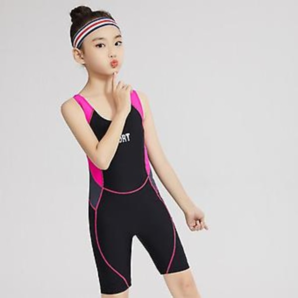 Swimsuit sports children's vest-style jumpsuit in the big girl beginner training racing conservative M Black+hat