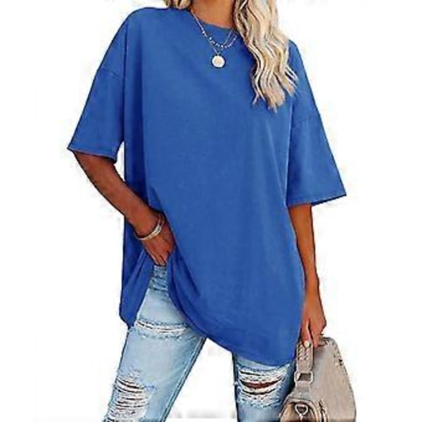Dame Løstsiddende Kortærmet Top Ren Farve Faldende Skulder Rund Hals Kortærmet T-shirt Til Daglig Brug (2XL Royalblå)