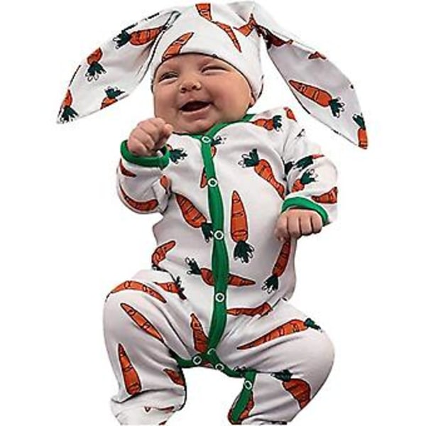 Spädbarnskläder för påsk - Kanin-Romper Jumpsuit Pyjamas med Kaninöron-Mössa Set för Bebisfotografering (6-9M)