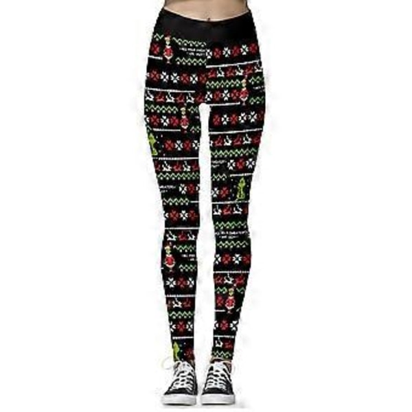 Damer Højtaljede Jule Leggings Stribet The Grinch Snefnug Trykte Bukser (S B)