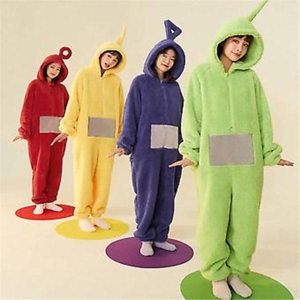 Teletubbies Cosplay Kostym Plysch Huvtröja Jumpsuit För Vuxna Män Kvinnor En-delad Pyjamas Sovkläder Nattkläder (S Lila)