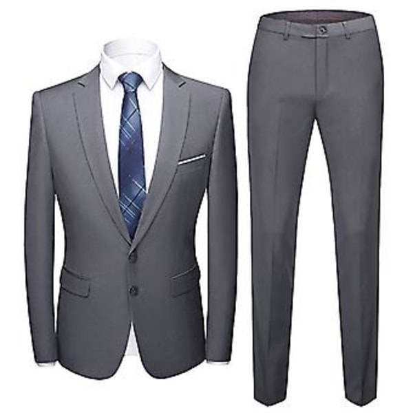 1 Sæt Blazer Bukser Ensfarvet Nedklappelig Krave Langærmet Slim Fit To Knapper Formelle Dragt Banket Prom (L Grå)