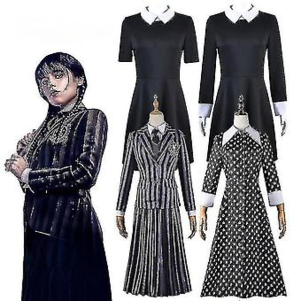 Kvinders Addams Family Kjole Halloween Party Cosplay Kostume V (L Kortærmet Kjole)