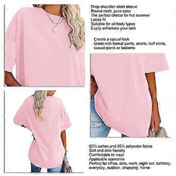 Naisten Löysä Lyhythihainen Toppi Puhdasväri Pudotus Olkapää Pyöreä Kaula Lyhythihainen T-paita Päivittäiseen Käyttöön (2XL Pinkki)