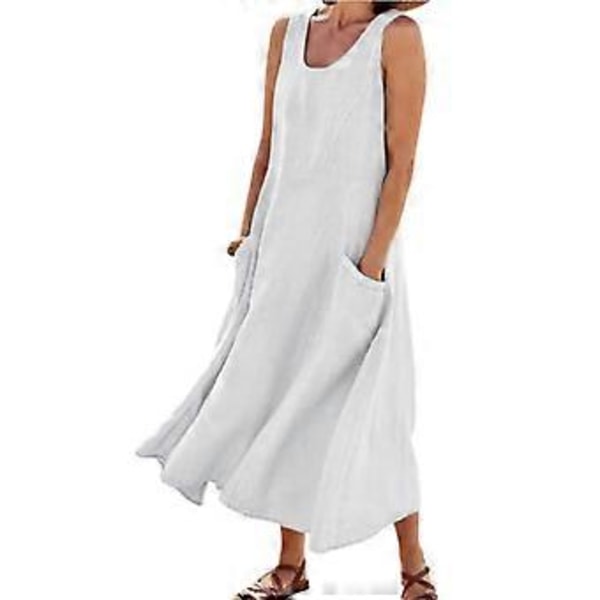 Ærmeløs bomuldslinnedkjole til kvinder med lommer, boheme-stil, strandtanktopkjole (L Beige)