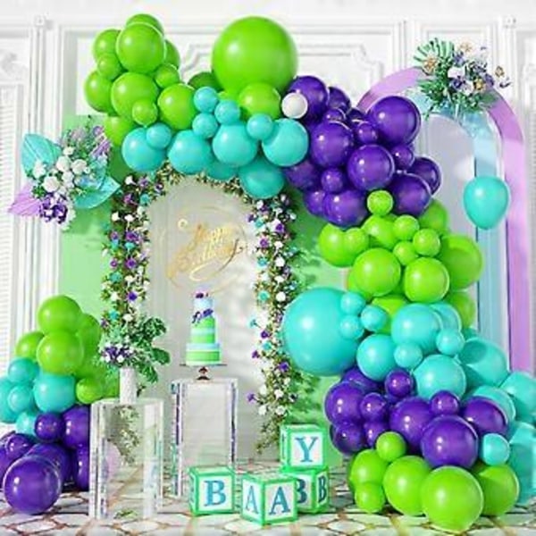 Grön Lila Ballongbåge Garland Kit, Grön Lila Ballongbåge Kit Blå Ballonger, Festballong för Pojkar Flickor Födelsedagsfest Baby Shower Bröllop