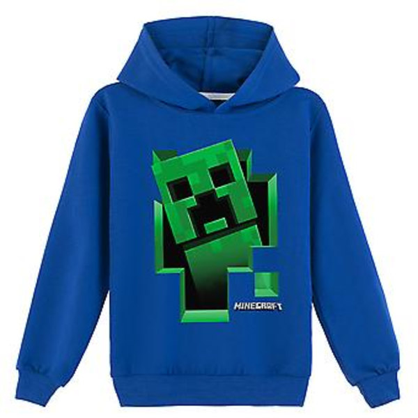 Minecraft Creeper Tryckt Hoodie för Barn Pojkar Flickor Casual Långärmad Huvtröja Pullover Jumper Toppar (7-8 År Mörkblå)