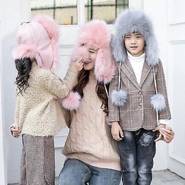 2020 Mode Vinter Børnehat Pu Læder Stor Bold Pels Blød Vindtæt Varmt Hat (Pink)