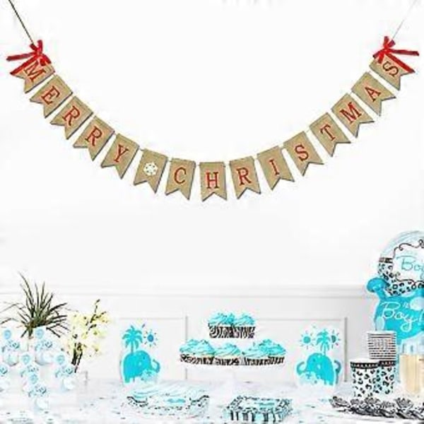 GLÆDELIG JUL Bogstaver Bunting Banner Dekoration Snefnug Mønster Sløjfe Hør Burlap Banner Swallowtail Træk Flag Party Tilbehør til Jul