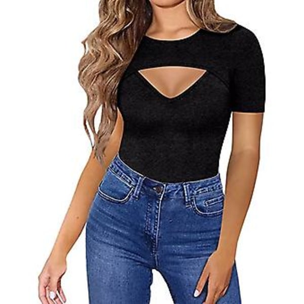 Kvindes Bluser med Udsnit Foran Kortærmet Bodycon Slim Fit Ren Farve Åndbar Trøje (XXL Sort)