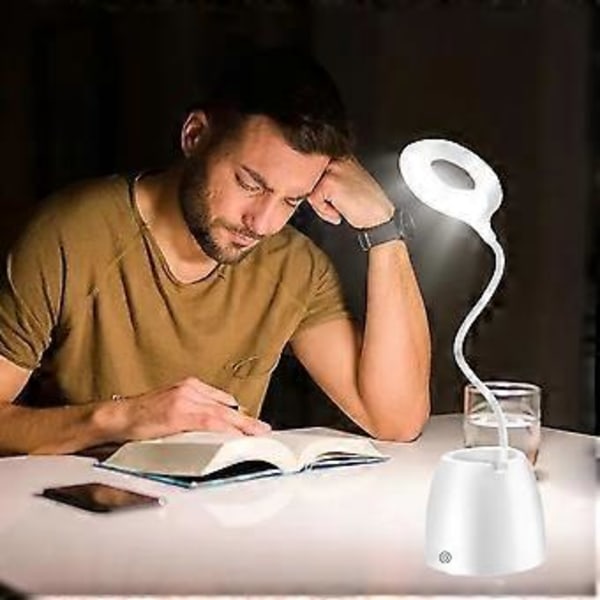 Silmiä säästävä pöytävalaisin, 3 valaistustilaa ja portaaton himmennys, pöytävalaisin USB-ladattavalla 2000 mAh akulla, kynäteline ja puhelinteline