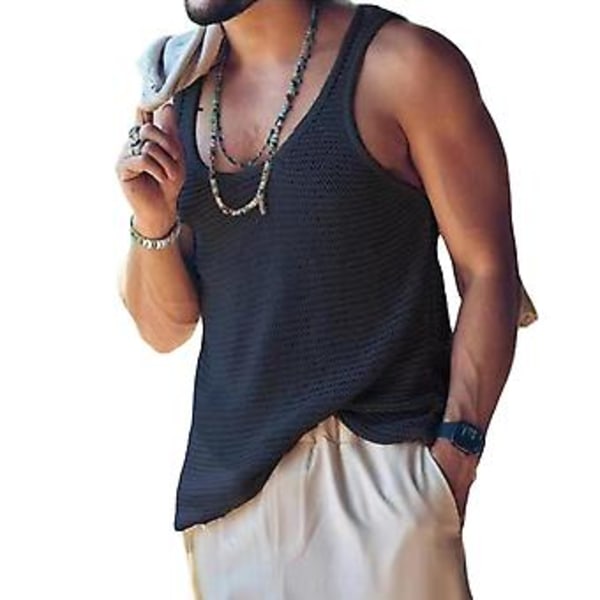 Mænd Sommer Vest Ærmeløs Ensfarvet Enkel Stil Strikket U-Hals Sports Blød Trøje Mænd Tank Top Mænd Tøj (2XL Sort)