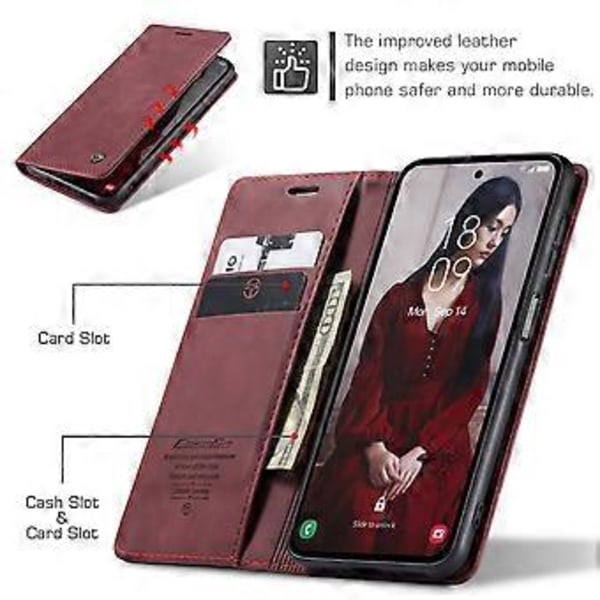 Samsung Galaxy A56 5G -kotelo CASEME 013 -sarja korttipidike jalustalla nahkainen puhelinkotelo - Punainen (Punainen)