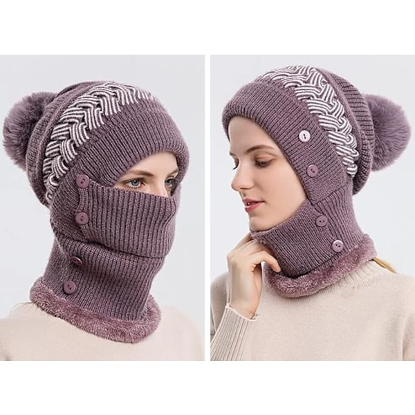 Kvinders Ét-Stykke Slouchy Fleece Hue Hætte Tørklæde Maske Varm Vinter Strikkede Hue Tyk Kranie Ski Hue