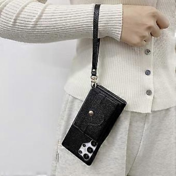 Til Samsung Galaxy S23 Ultra Etui Spejldesign PU Læder Bagcover med Kortlommer, Håndledsrem (Style B)