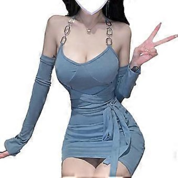 Halterneck Mini Bodycon Ketjulenkillä, Slim Fit Vyötärövyöllä, Avoselkäinen Olkaimeton Bodycon-mekko Olkavarren Hihalla Sininen S