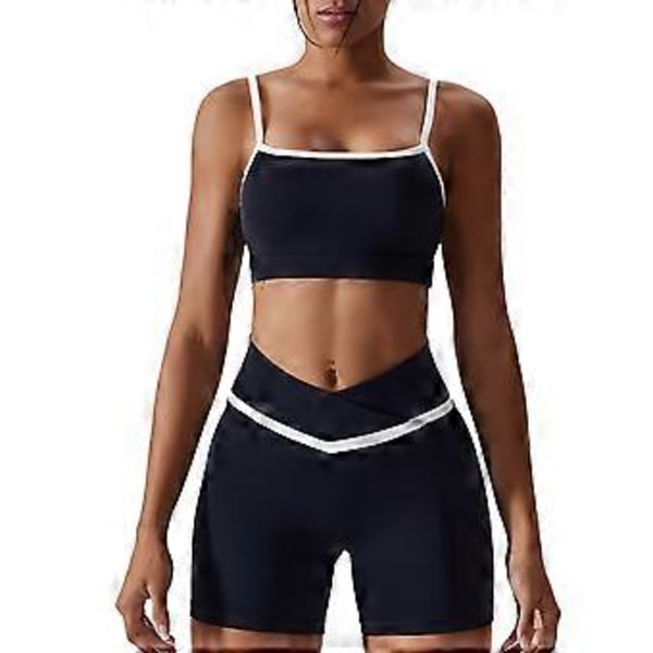 2-delat Yogasuits Färgblock Spaghettiband Kors Midja Kvinna Sport Yoga Suit för Löpning (S Shorts Avancerad Svart)