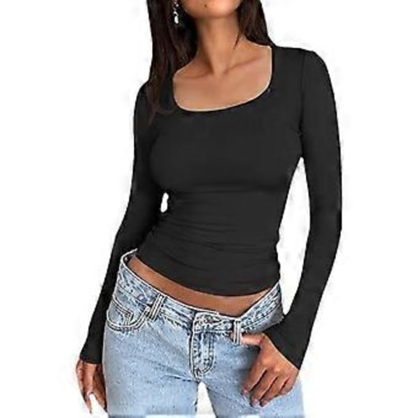 Dame Bottoming Toppe Scoop Hals Langærmet Slim Fit Pullover Toppe Ensfarvet Høj (M sort)