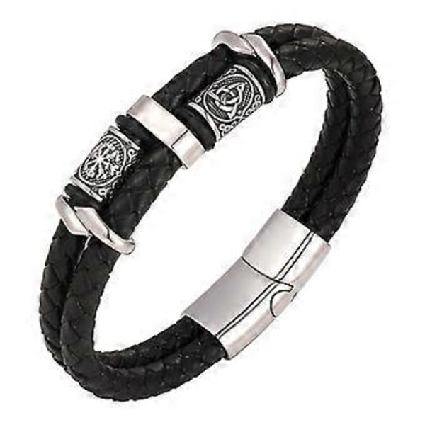 Mænds Dobbelt Række Sort Flettet Læder Armbånd Rustfrit Stål Perler Dobbelt Lag Læder Snøre Armbånd Armbånd Gave Til Mænd, 21cm