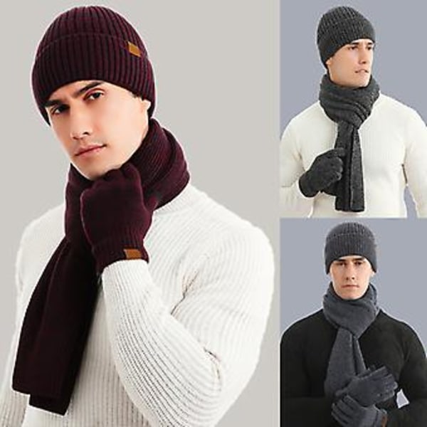 Fleecefôret Beanie-lue med berøringsskjermhansker, rutete skjerf og hansker for menn (grå)
