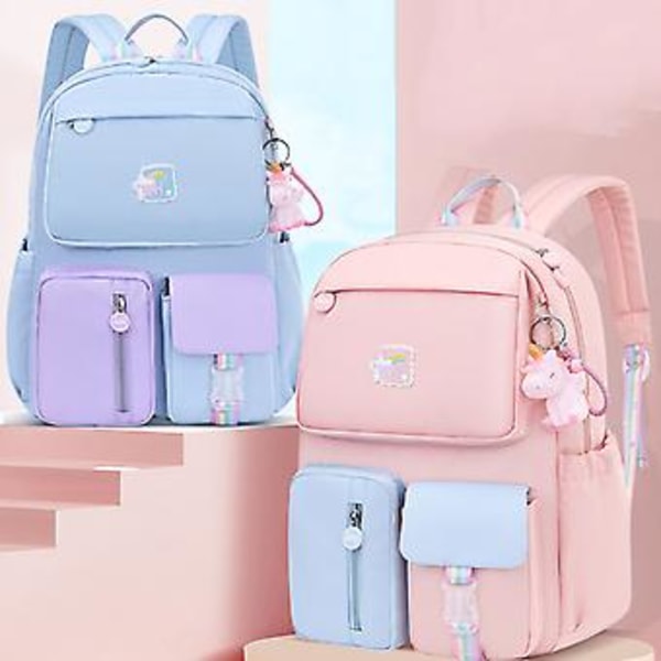 Vanntett Skolebagg for Barn med Tegneserie 3D Unicorn, Rosa Stor (L Rosa)