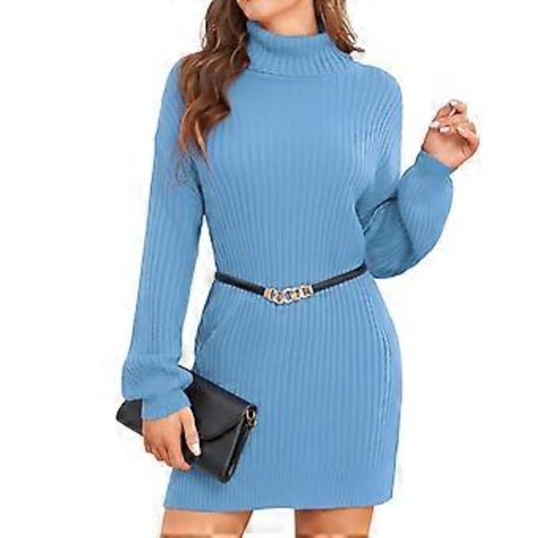 Kvinnors Turtleneck Stickad Klänning Höst Vinter Casual Lös Lång Puffärm Ribbstickad Pullover Klänning (XS Ljusblå)