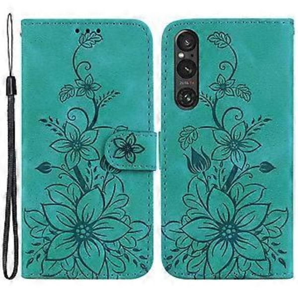 Sony Xperia 1 V Lompakkokotelo Jalustalla, Lily Kukka Kuvioitu, Iskunkestävä PU Nahkakansi (Tyyli C)