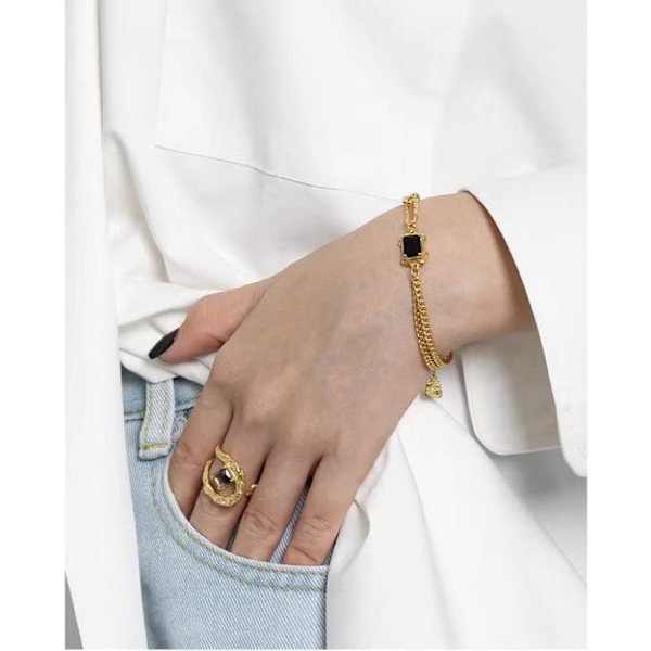Kædearmbånd til kvinder Justerbar Link Lagdelt Guld Armbånd med Sort Sten   Guldbelagt     ArmbåndKæde Armbånd