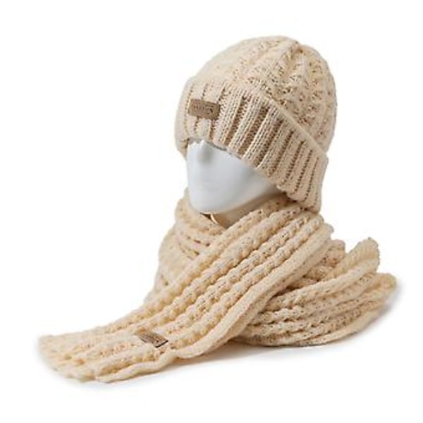 Varm stickad mössa och halsduk i kabelmönster för kvinnor, vinter, lång halsvärmare, skidmössa (Khaki)