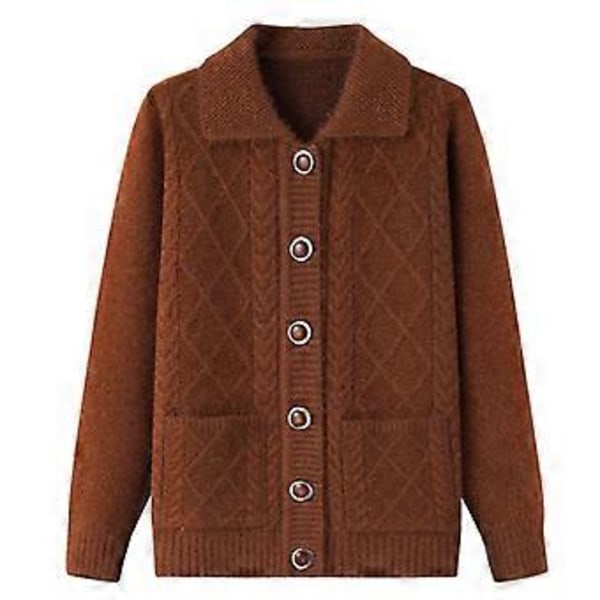 Tjock Krage Mamma Kläder Stickad Tröja Kofta Medelålders och Äldre Tröja Vårkläder (XL brunt socker)
