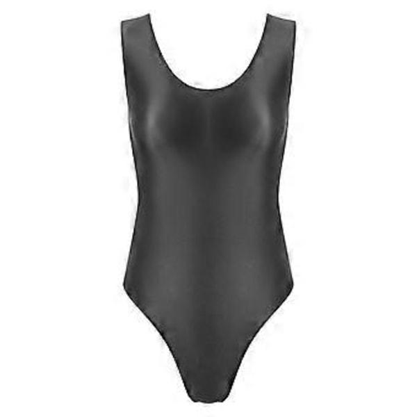 Glansig rygglös body för damer, baddräkt för poolparty, högt skuren ärmlös trikå för sportträning yoga (XL svart)
