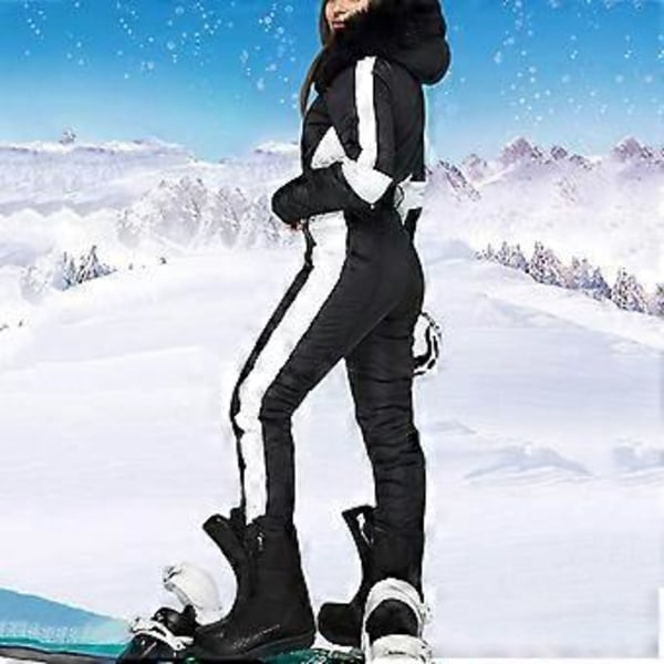 Dame Vinter Vandtæt Ski Snowboard Sportstøj Dragt Hætte Foxs Pels Jumpsuit (XXL Sort)