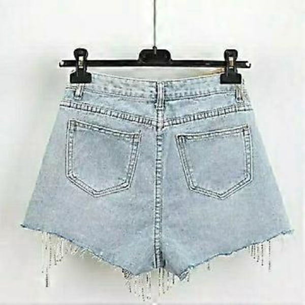 Sommar Jeansshorts med Riv Effekter Femme Hög Midja Diamant Tofs Y2k Casual Underdelar För Damer Denimshorts Damkläder Mode