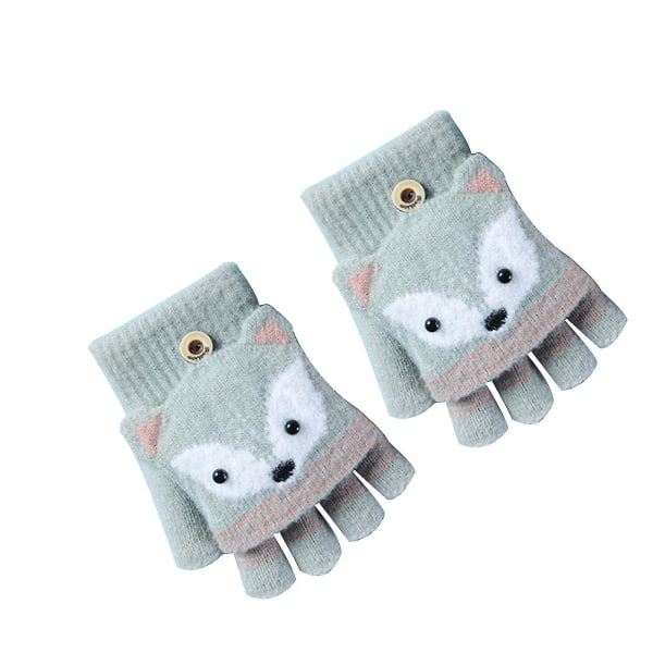 Baby Toddler Cartoon Knit Gloves Unisex Children Soft Winter Warm Half Finger Mittens For Kids Boys Girls Fingerless Gloves Gray green