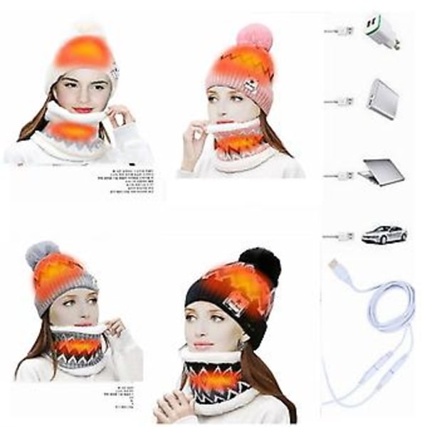 USB Opvarmet Beanie Hat og Halsvarmer Blød Åndbar Plys Tyk Ski Beanie Hat Sæt til Kvinder til Løb Ski (Hvid)