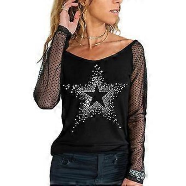 Kvinner Mesh Langærmet Skjorte Casual Rundhals Sheer Mesh Polka Dot Bluser Topper (M farge 05)