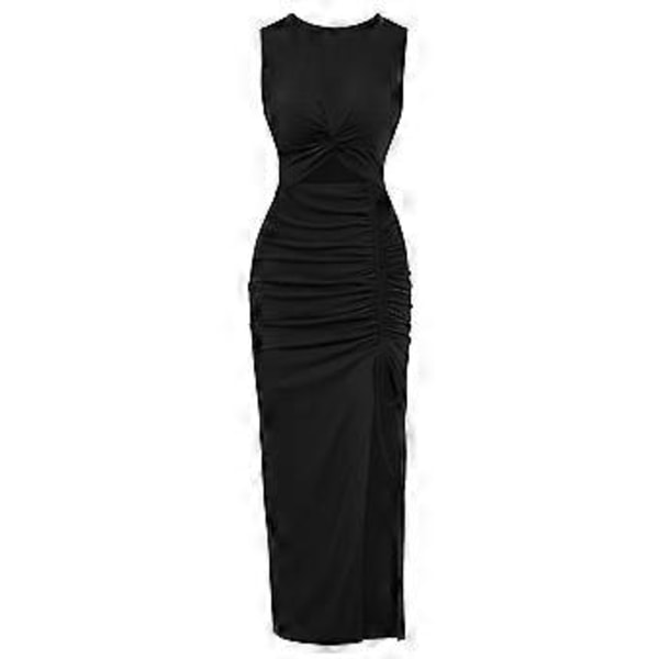 Sweaterkjole til kvinder med udskæring, rund hals, ærmeløs, strækbar, festlig bodycon tank midi-kjole (XL)