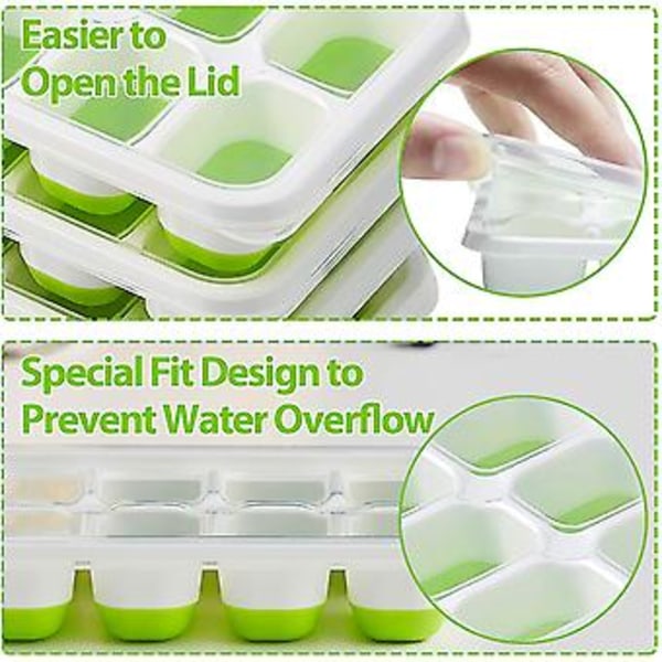 4-pack Silikon Isbitsform, Isbitsform med Fack och Lock, Silikontätning, Lufttät & Vattentät, Stapelbara Isbitsformar (grön)