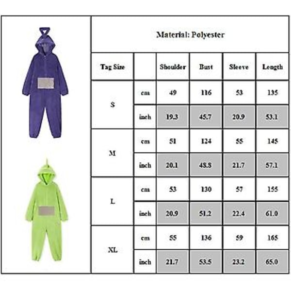Teletubbies Cosplay -asu Plussinen Hupparihaalarit Aikuisten Miehille ja Naisille Yksikokoinen Pyjama Uniasu Yöasu (S Violetti)