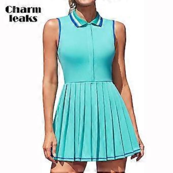 Charmleaks Dame Tennis Kjoler Ribbestrikket Polo Golfkjole Halv Glidelås Plissert Treningskjole med Innebygde Shorts og BH (XL blå)