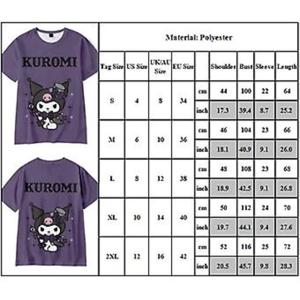 2023 Kuromi Anime Tryckt T-shirt för Kvinnor och Tonåringar, Kortärmad, Rundhalsad, Harajuku Streetwear (L)