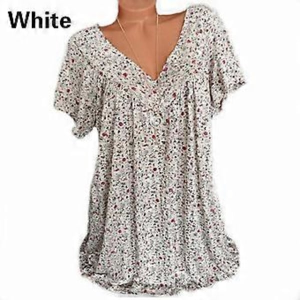 Dame Pluss Størrelse Trykket Kortarmet T-skjorte V-hals Topp Sommer Casual Løs(XL hvit)